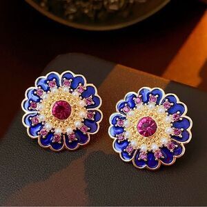 Vibrant Medallion Flower Starburst Purple & Pink Enamel Rhinestone Stud Earrings